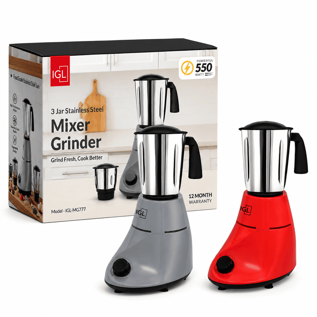 IGL-MG550 IGL 550W 3 in 1 Stainless Steel Mixer Grinder | 3 Jar - Image 1